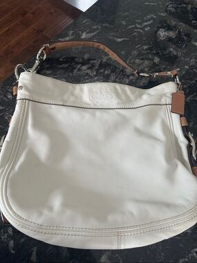 Coach Zoe Hobo bag, whire leather with tan buckle strap silver hardware